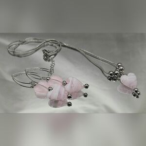 Handmade Pink Murano Glass Heart & Stainless Steel Necklace and Earring Set